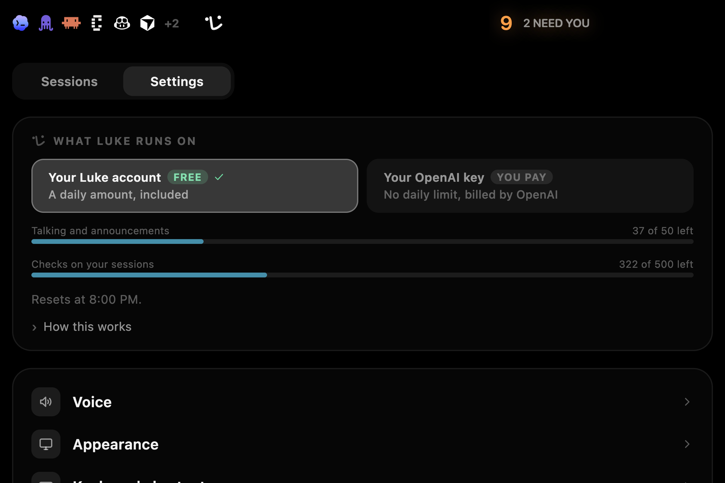 "What Luke runs on" in Settings: the included daily allowance chosen over an OpenAI key, its talking and session-check meters with plenty left.