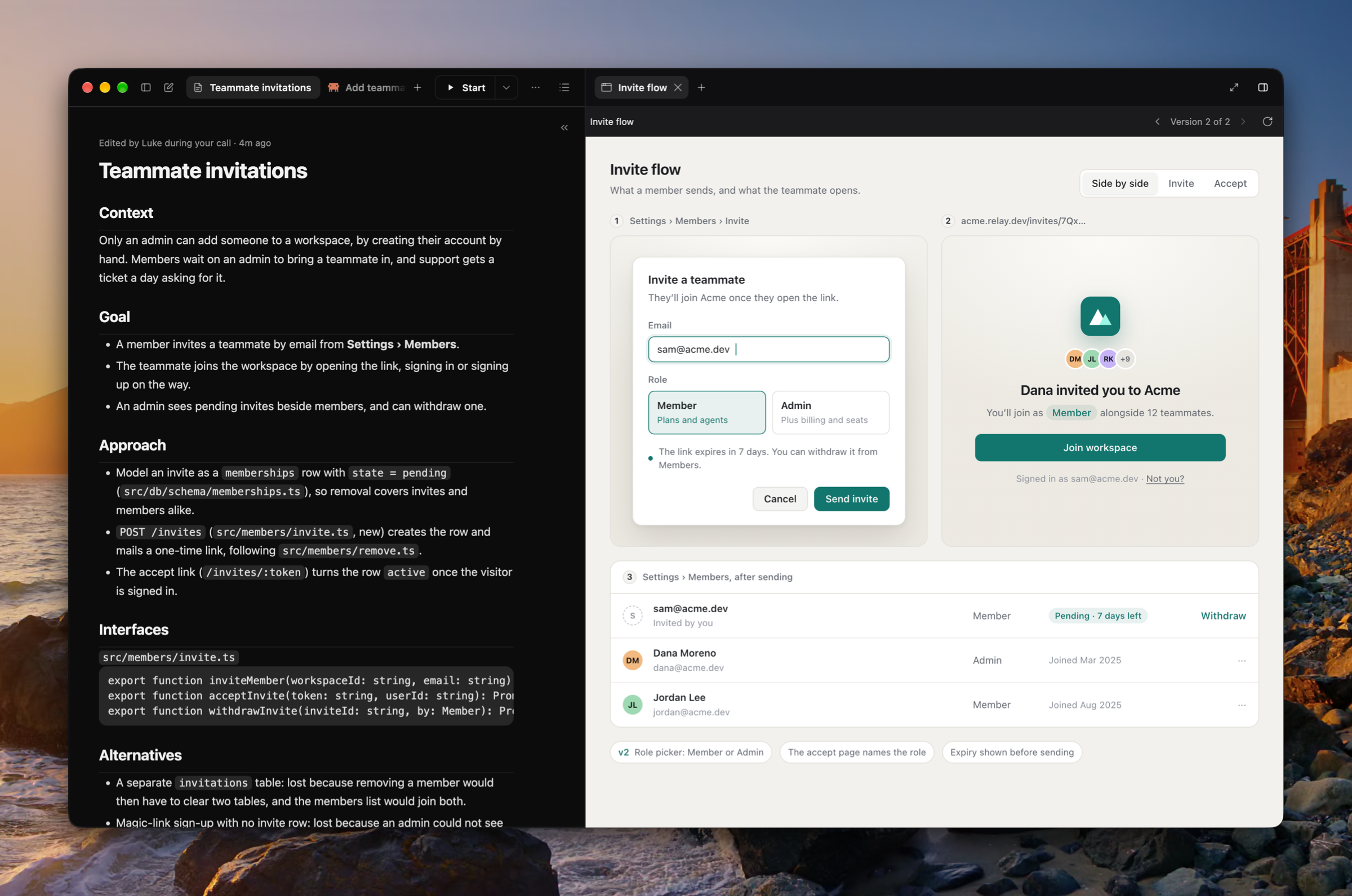 A Page tab beside the plan showing version 2 of an interactive mockup of the invite flow.