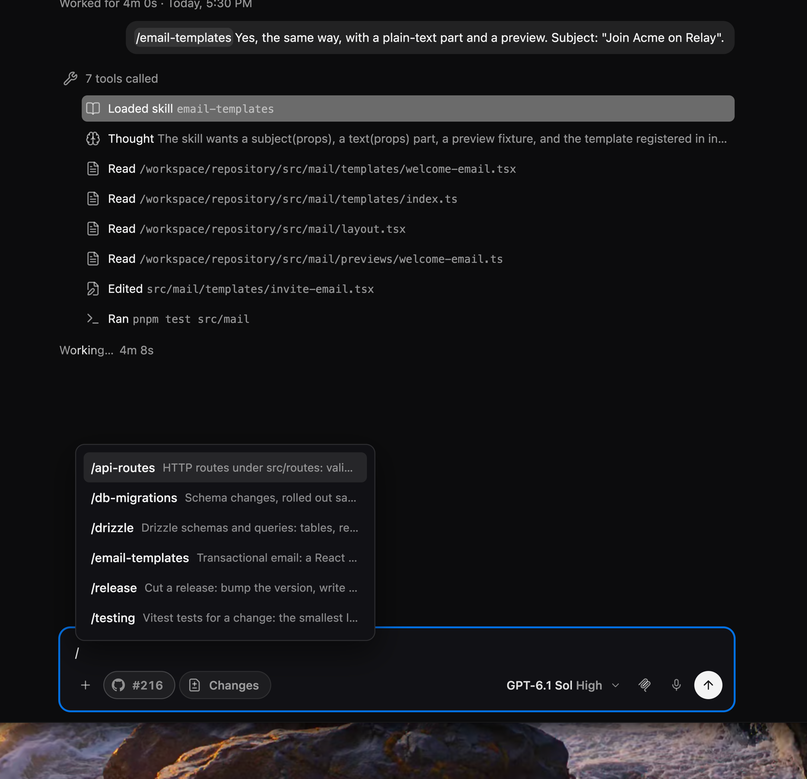 A coding agent's message box with / typed and the repository's skills listed above it.