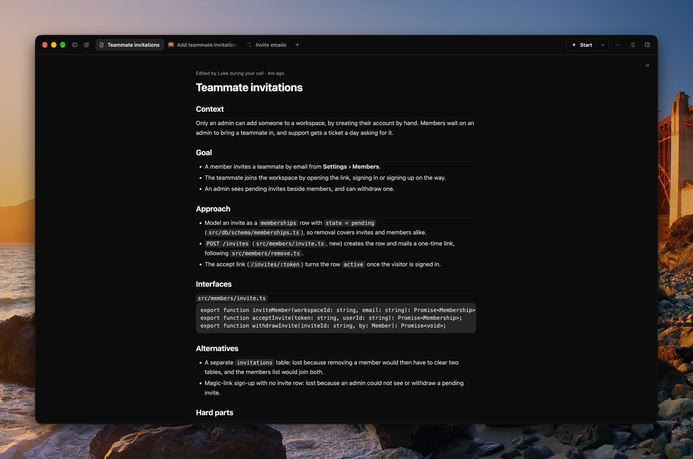 A plan as one document, its title inline and the default template's headings filled in, with the plan's coding agents as tabs beside it.