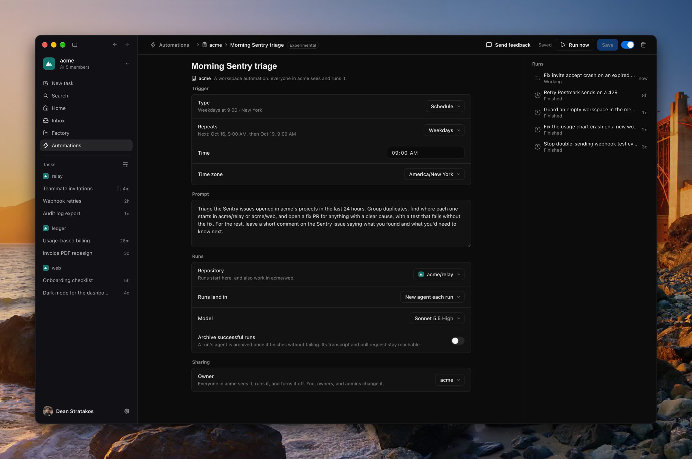 The Morning Sentry triage automation's page: weekdays at 9:00 on a schedule, its task, repositories, and model, and its runs beside it, one working now and four finished.